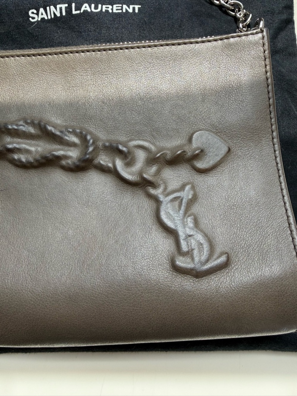 Saint Laurent Taupe Leather Chain Shoulder Bag with Embossed Knot YSL - Picture 2 of 8